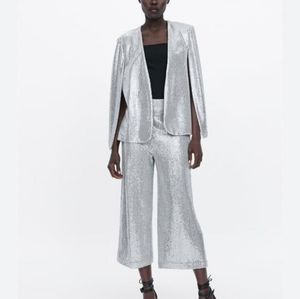 Zara Shiny Silver Sequin Blazer and Pants